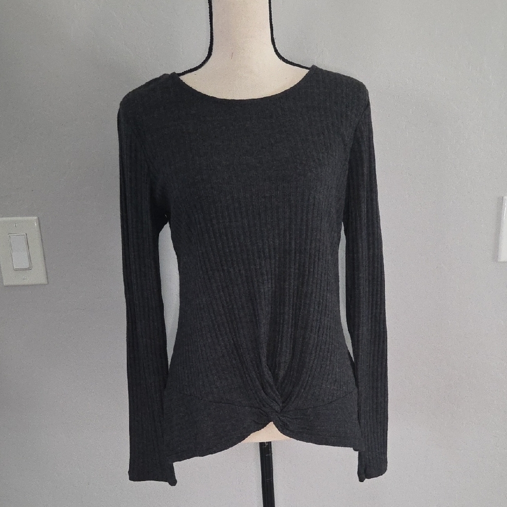 WHBM Women's Charcoal Ribbed Knot-Front Long Sleeve Blouse Size M